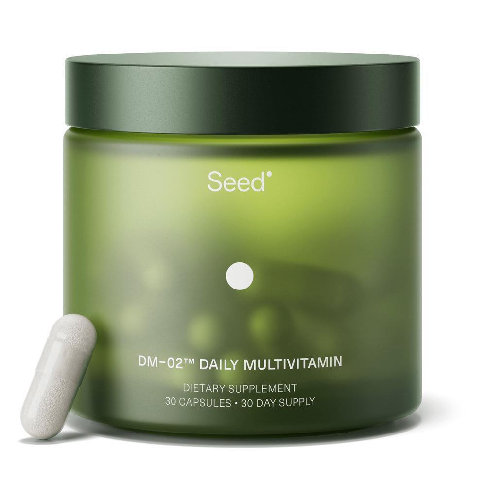 Seed DM-02 daily multivitamin bottle front, compact capsules for daily wellness