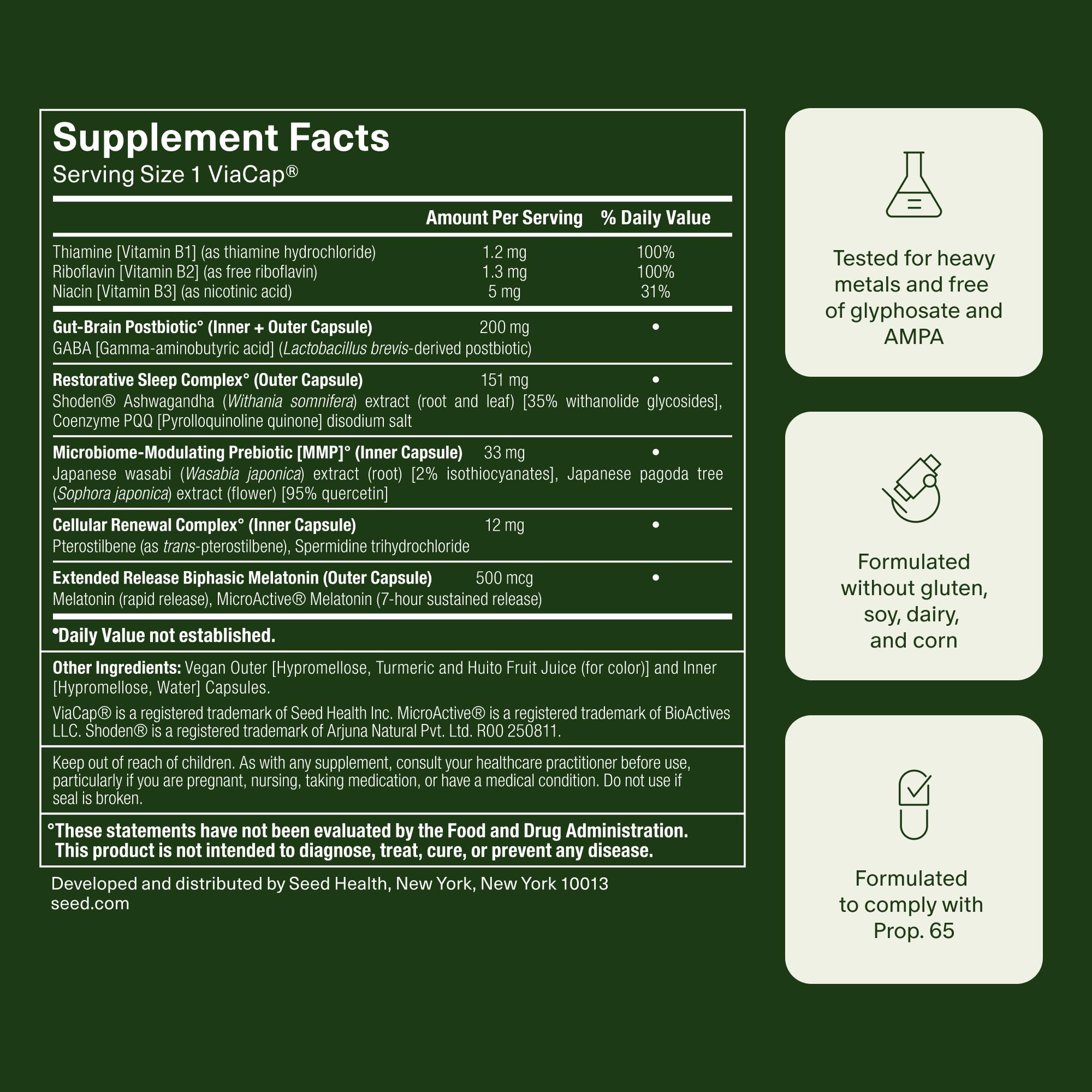 Seed PM-02 clinical testing badge on packaging highlighting safety checks.