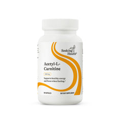 Seeking Health Acetyl-L-Carnitine bottle with 500 mg capsules for daily energy.