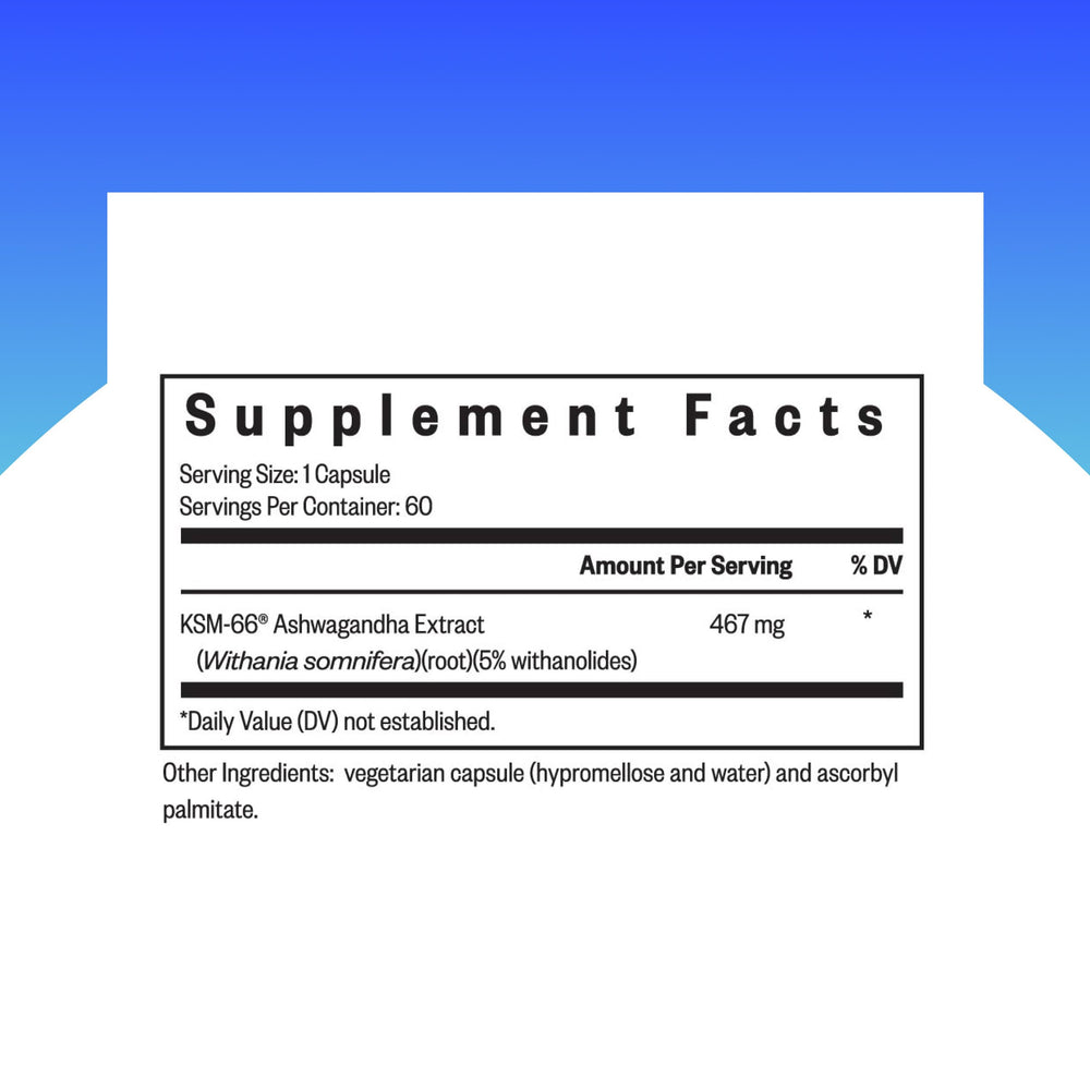 Seeking Health Ashwagandha capsules closeup highlighting 467 mg per capsule