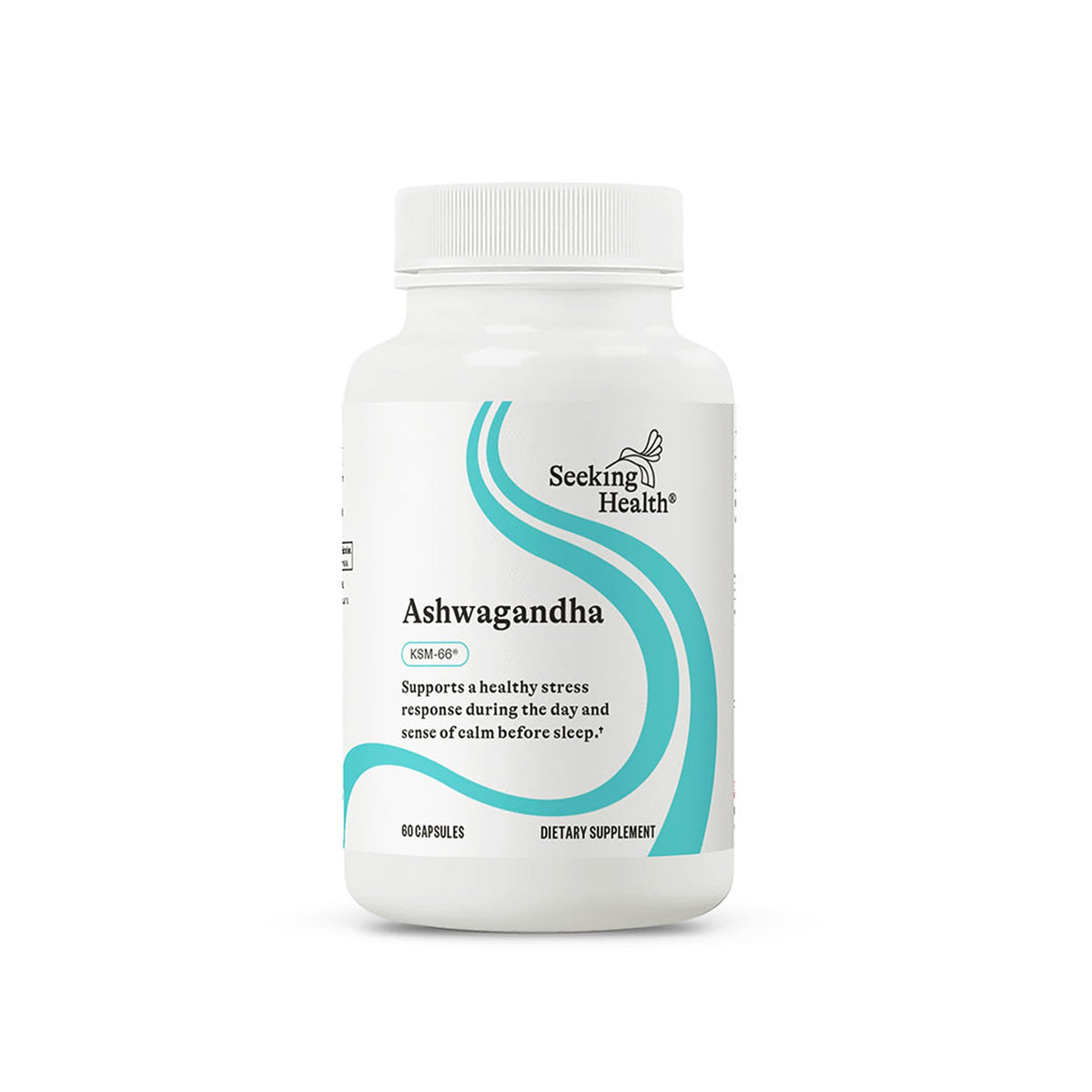 Seeking Health Ashwagandha bottle showing a potent adaptogen for immune support and focus