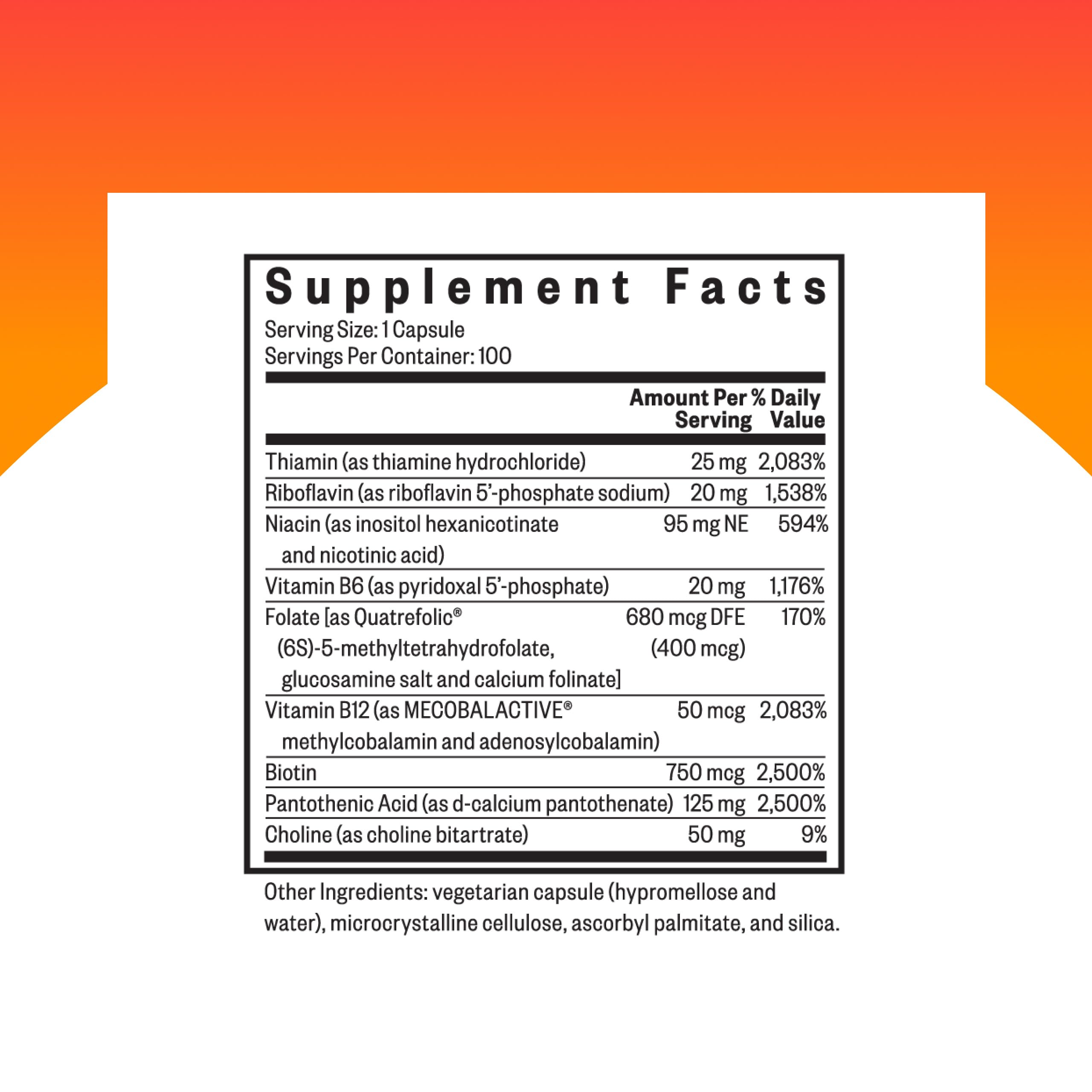 Seeking Health B Complex Plus capsules close up, ideal for daily energy and brain support.
