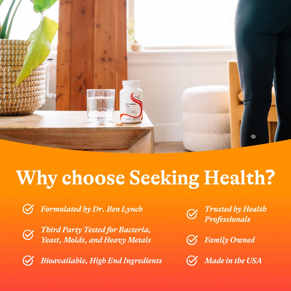 Seeking Health B Complex Plus dose guide on packaging clarifying recommended intake.