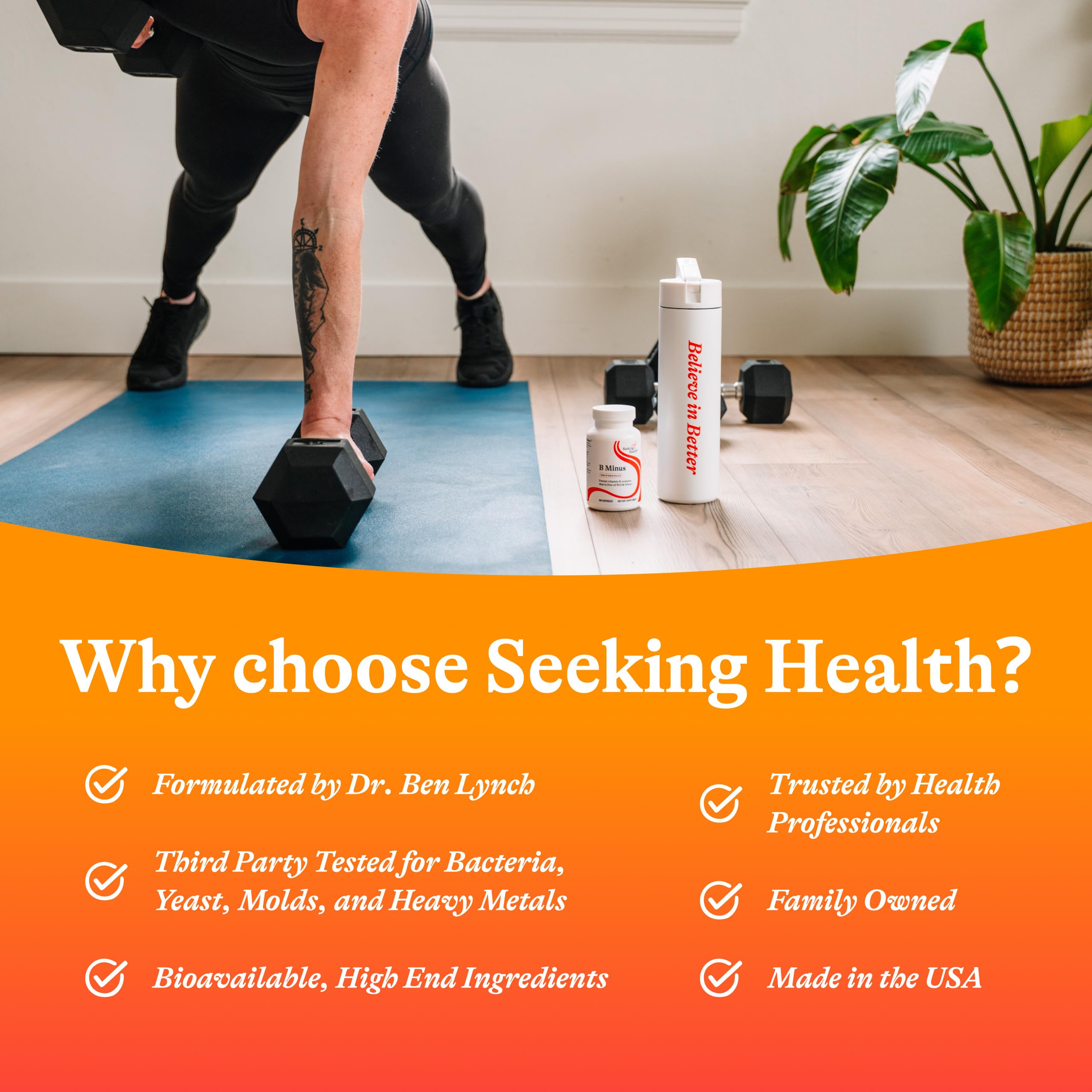Seeking Health B-Minus packaging scene conveys quality and safety from research to shelf.