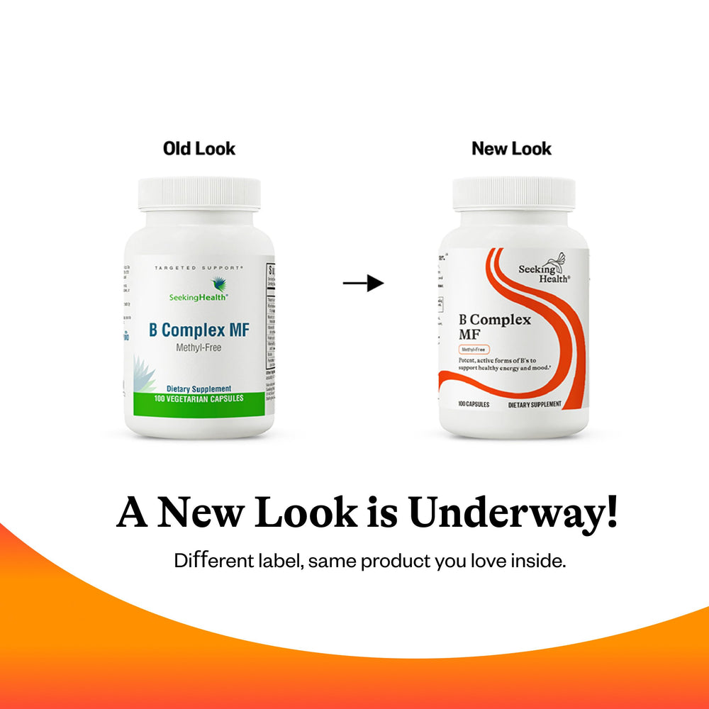 Seeking Health B Complex MF bottle on a kitchen counter with water.