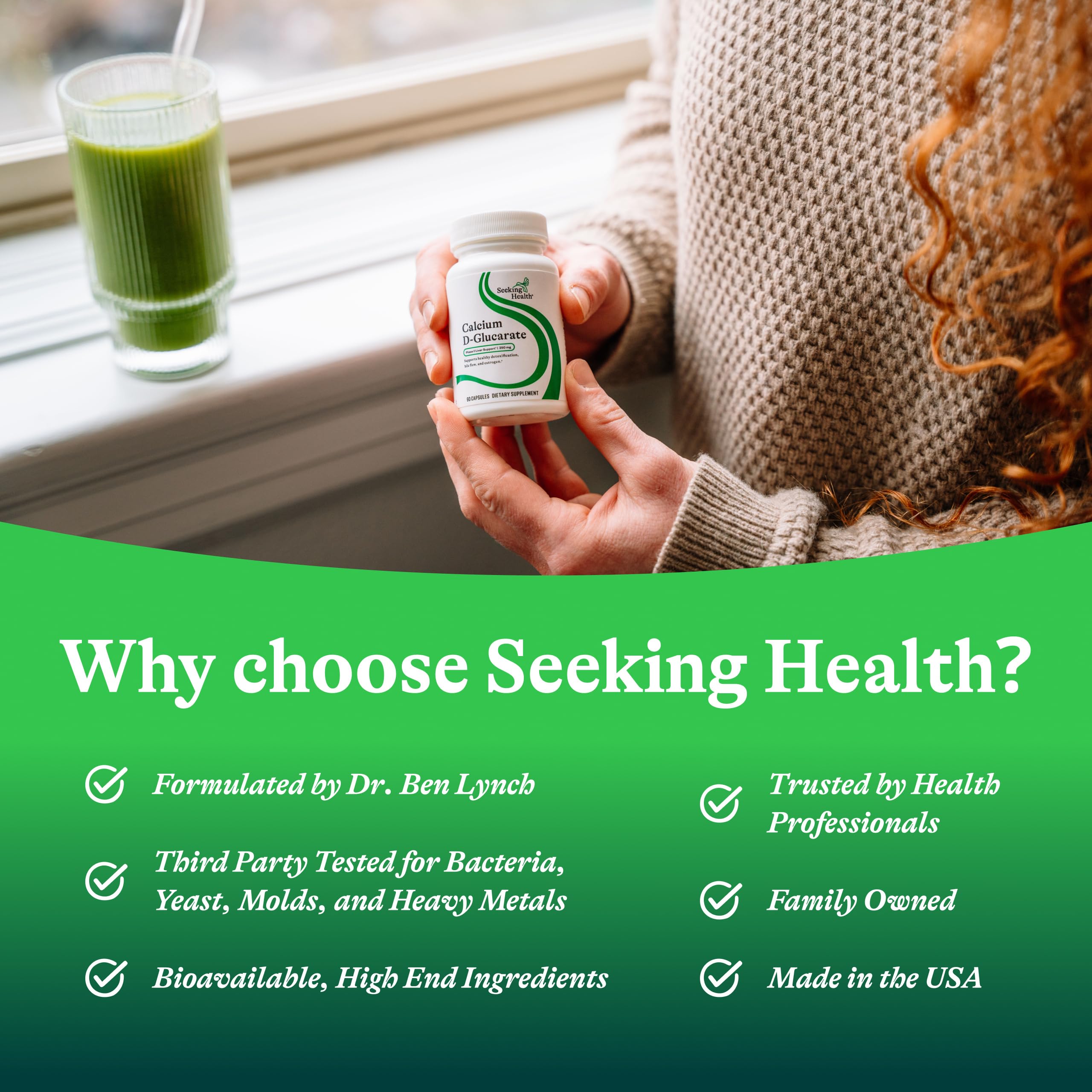Seeking Health Calcium D-Glucarate bottle with seal signaling quality and safety.