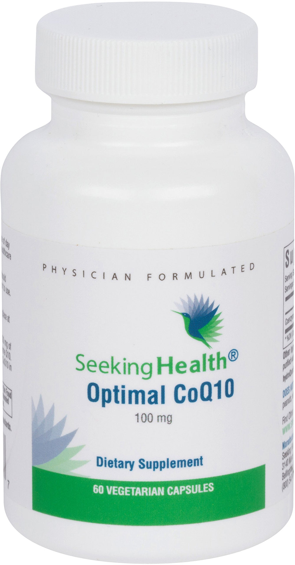 Seeking Health CoQ10 bottle emphasizes heart health support and daily energy.