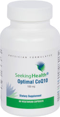 Seeking Health CoQ10 bottle emphasizes heart health support and daily energy.