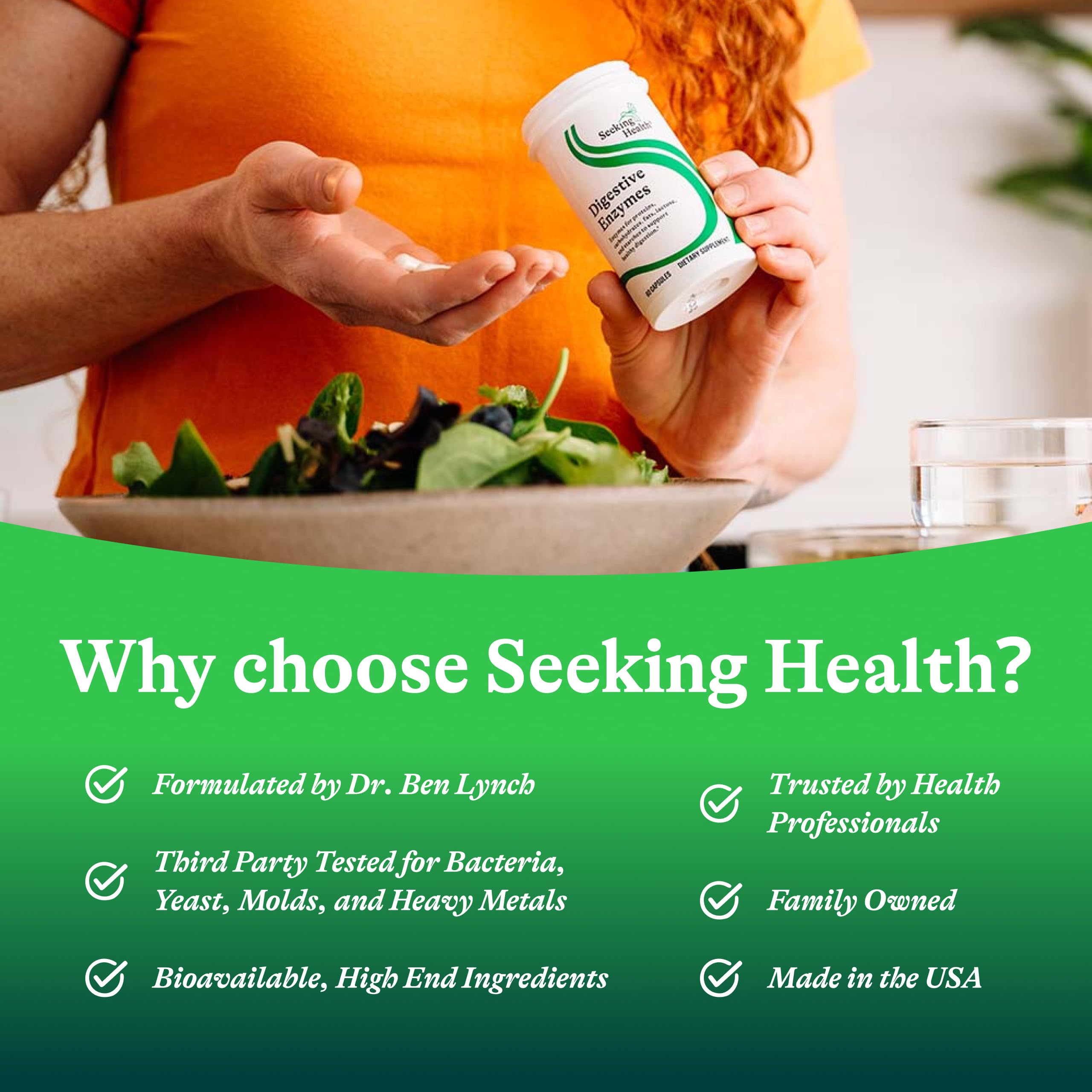 Serving with a meal scene using Seeking Health Digestive Enzymes for post-meal comfort