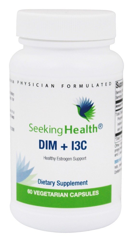 Seeking Health DIM & I3C bottle label showing estrogen metabolism support for daily balance.