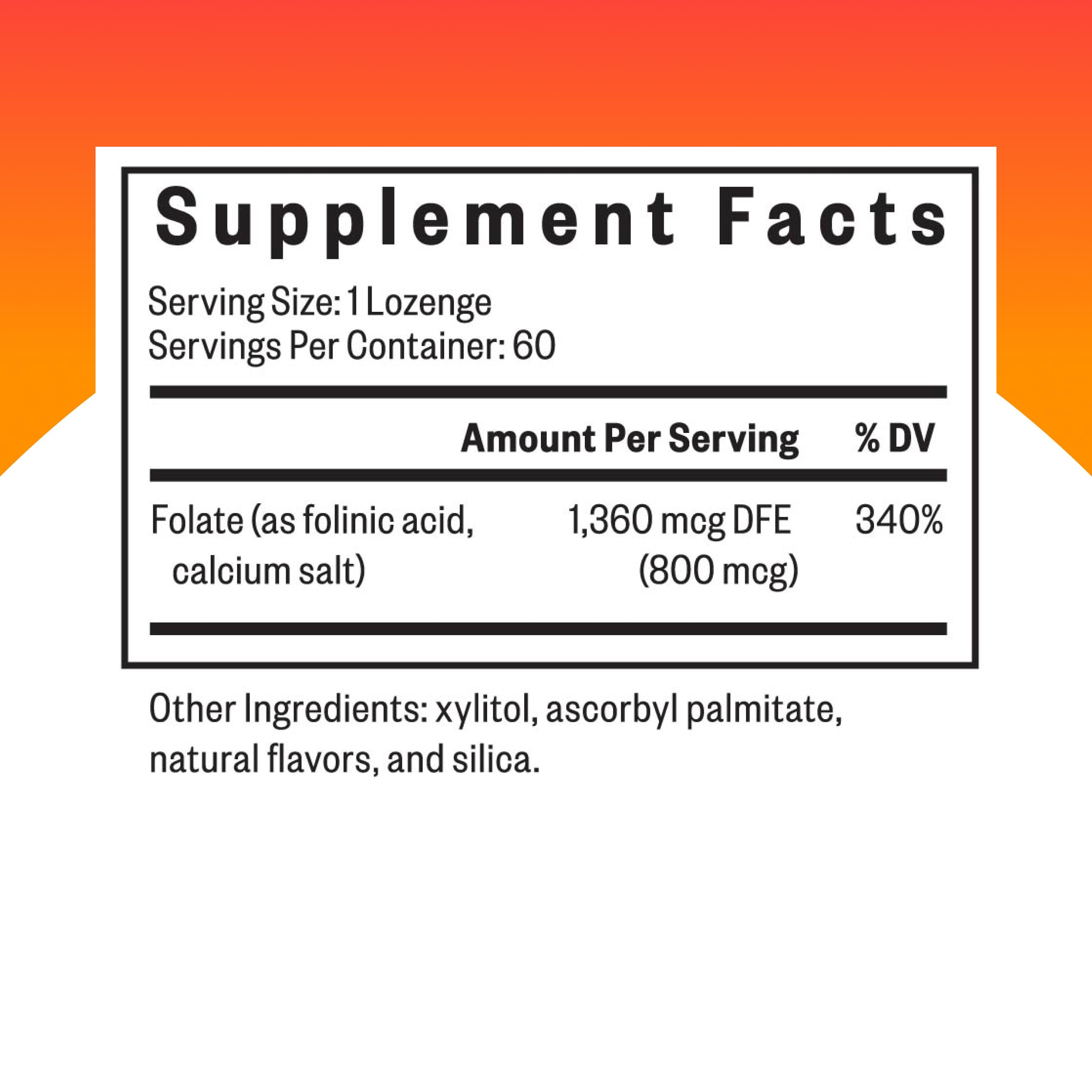 Seeking Health Folinic Acid lozenge packaging highlights labeling and dosage details.