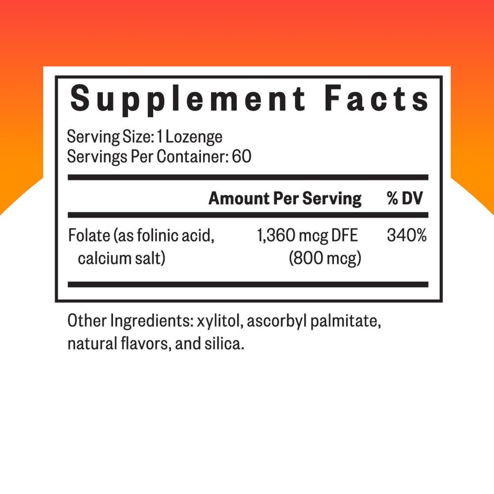 Seeking Health Folinic Acid lozenge packaging highlights labeling and dosage details.