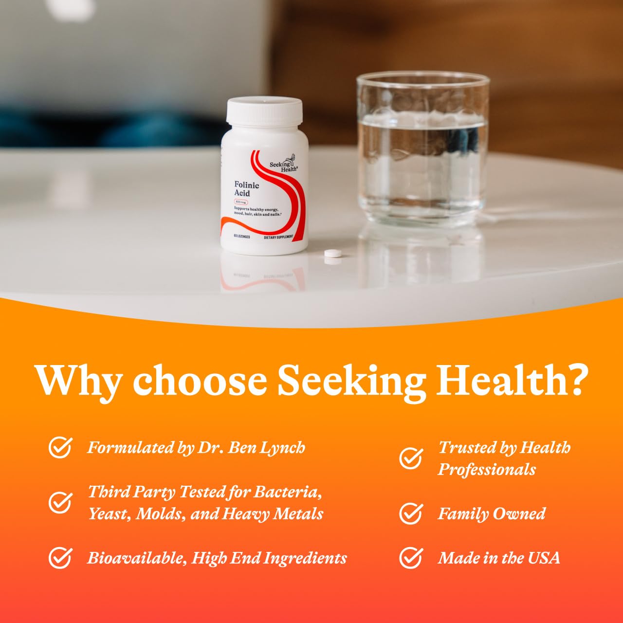 Seeking Health Folinic Acid lozenge shown with step-by-step daily routine.