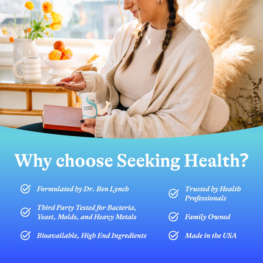 Allergen-free packaging of Seeking Health Histamine Nutrients emphasizing safe ingredients