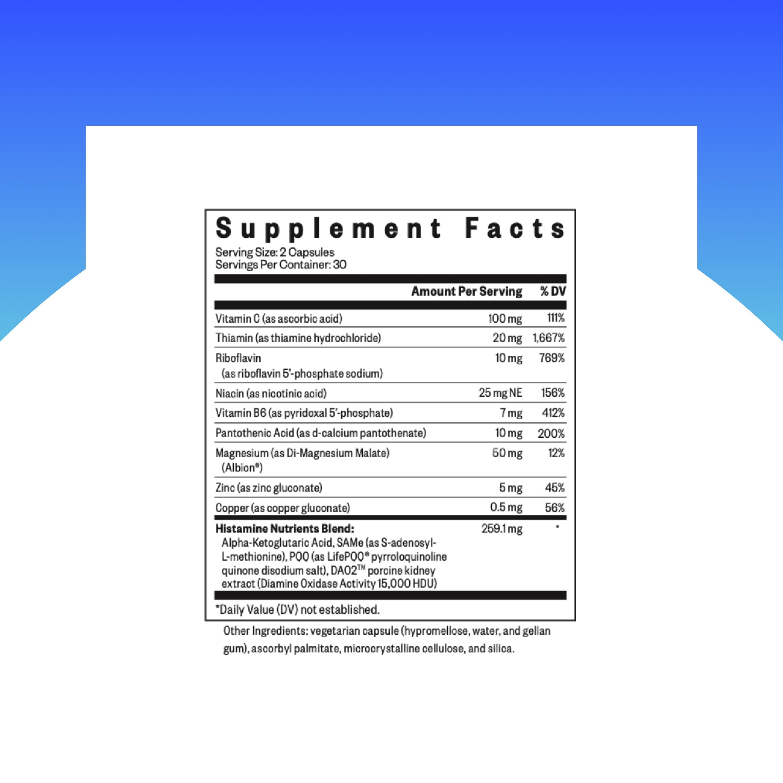 Closeup of Seeking Health Histamine Nutrients bottle cap and easy-to-swall capsules