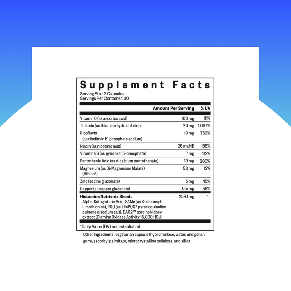 Closeup of Seeking Health Histamine Nutrients bottle cap and easy-to-swall capsules