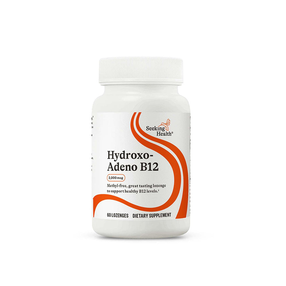 Seeking Health Hydroxo-Adeno B12 lozenge bottle for sustained energy support.