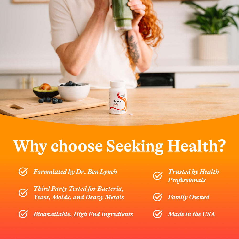 Seeking Health Hydroxo B12 bottle on countertop evokes simple daily supplement routine.