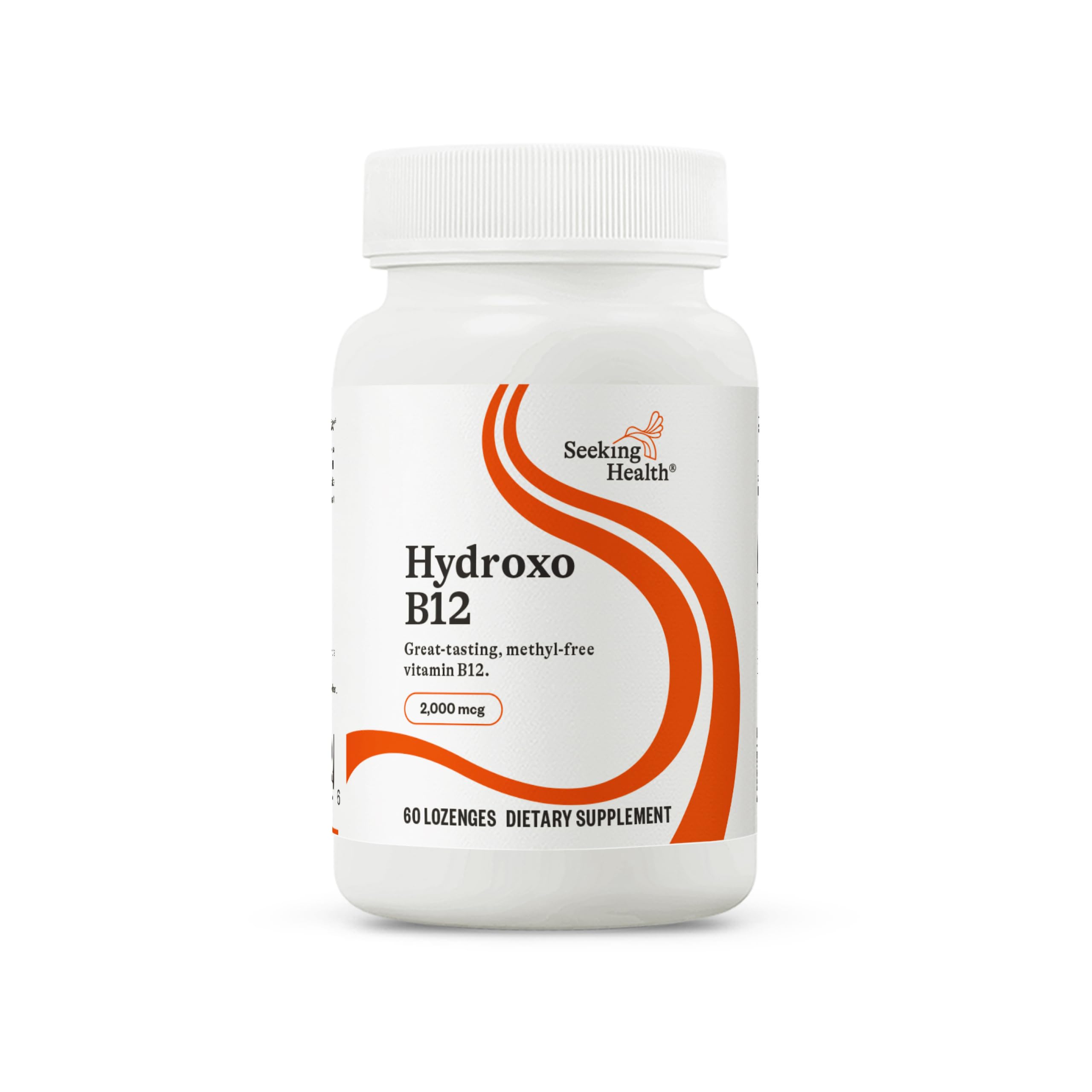 Seeking Health Hydroxo B12 lozenges bottle highlighting energy support potential.