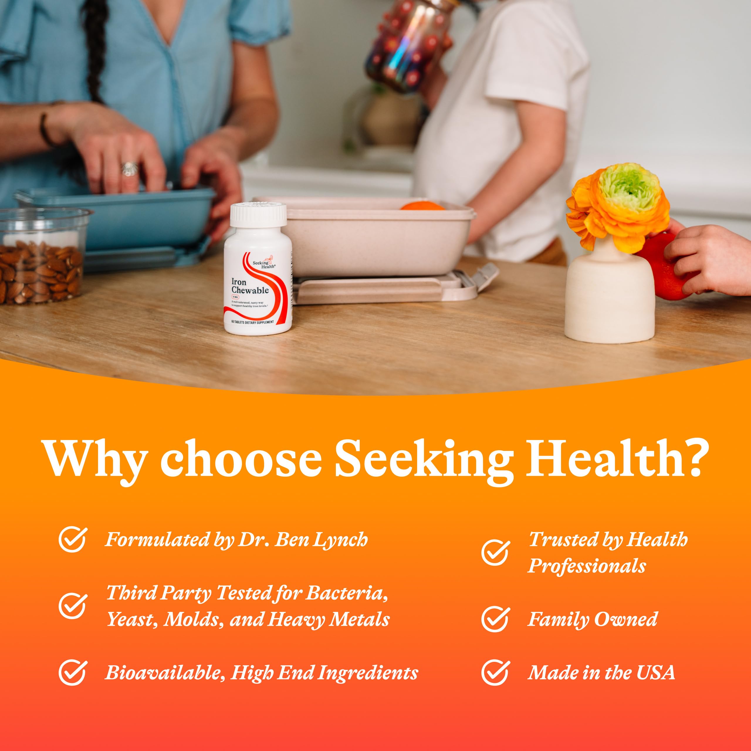 Seeking Health Iron Chewable allergen-free icons for dietary safety.