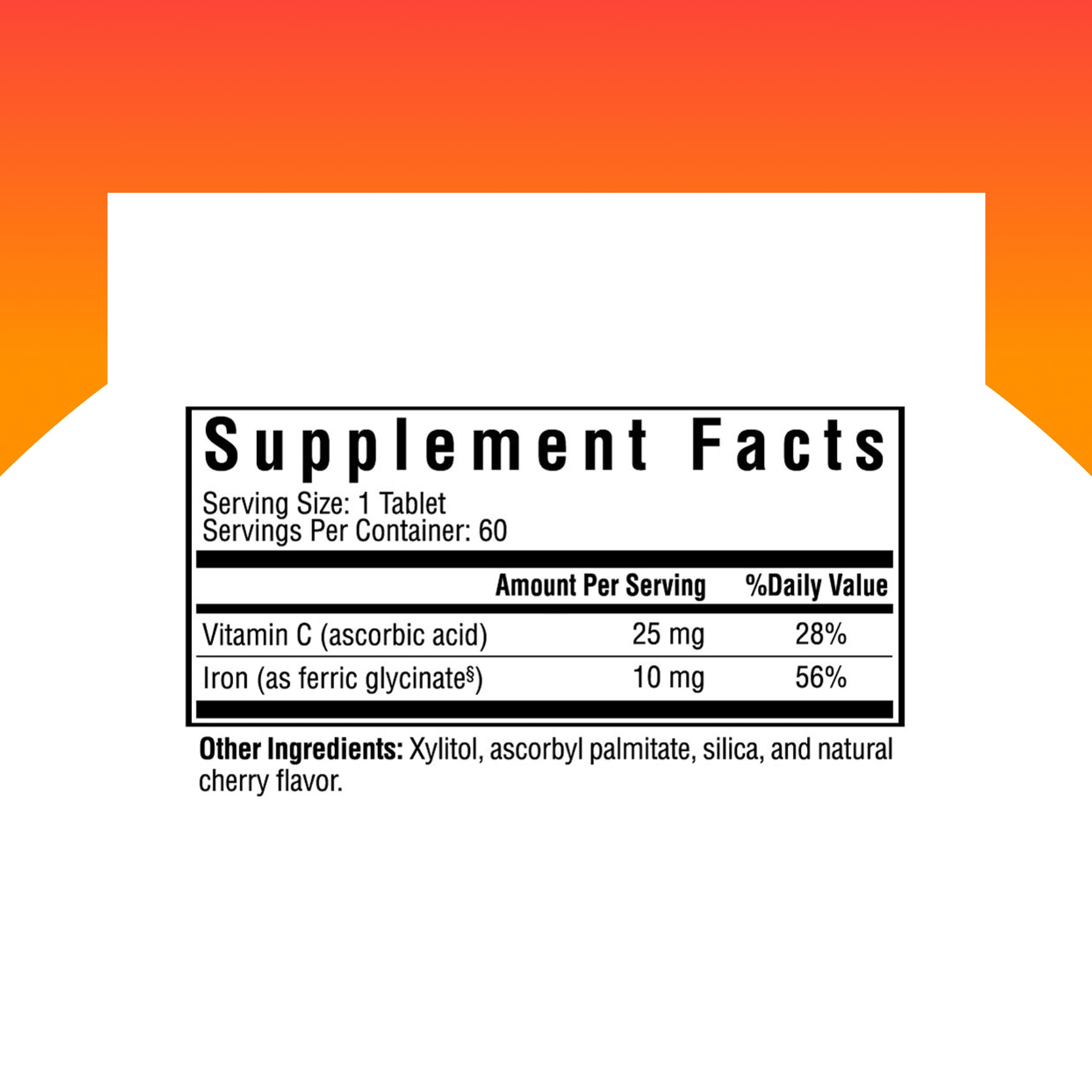 Seeking Health Iron Chewable bottle label closeup with ingredient details.