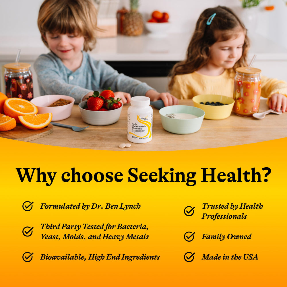 Seeking Health Kids Multivitamin Chewable MF nutrition for growth on everyday tablet form.