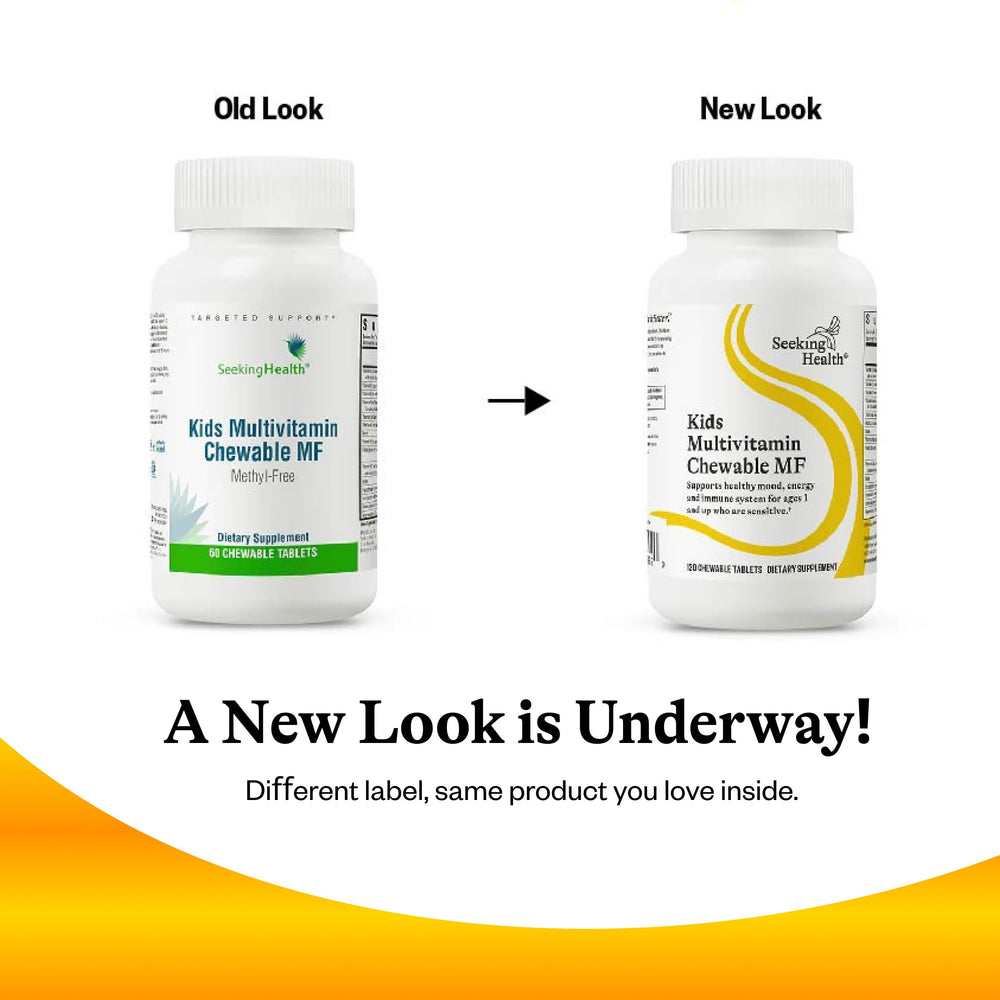 Seeking Health Kids Multivitamin Chewable MF sugar-free packaging suitable for daily use.
