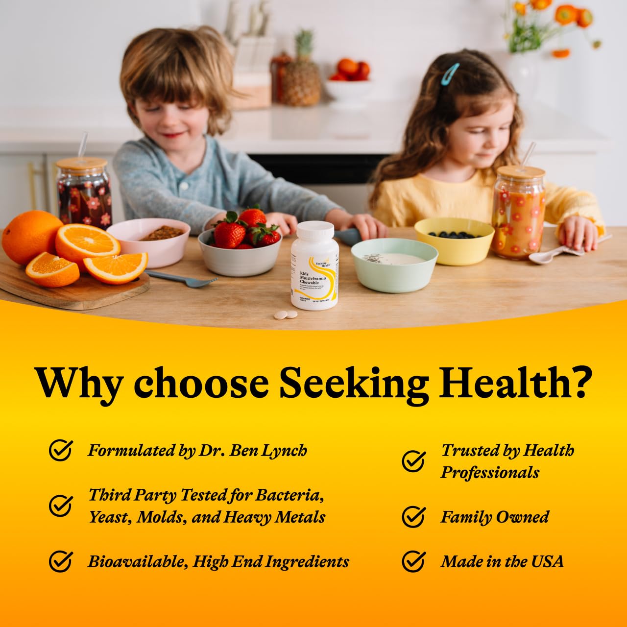 Seeking Health Kids Multivitamin Chewable packaging displays vegetarian badge.