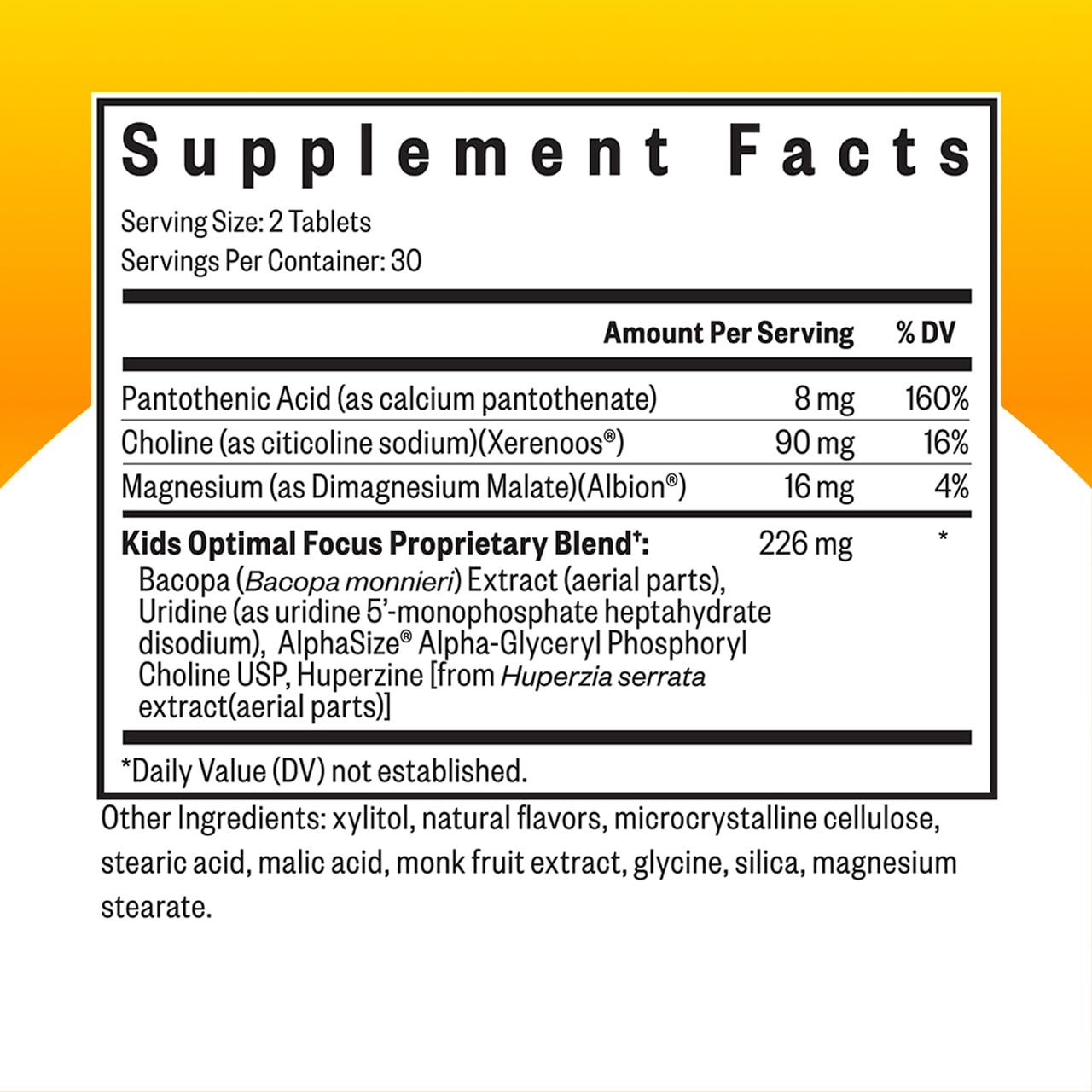 Seeking Health Kids Optimal Focus chewable tablets closeup highlighting kid-friendly chewables for calm focus.