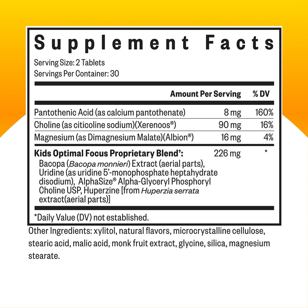 Seeking Health Kids Optimal Focus chewable tablets closeup highlighting kid-friendly chewables for calm focus.
