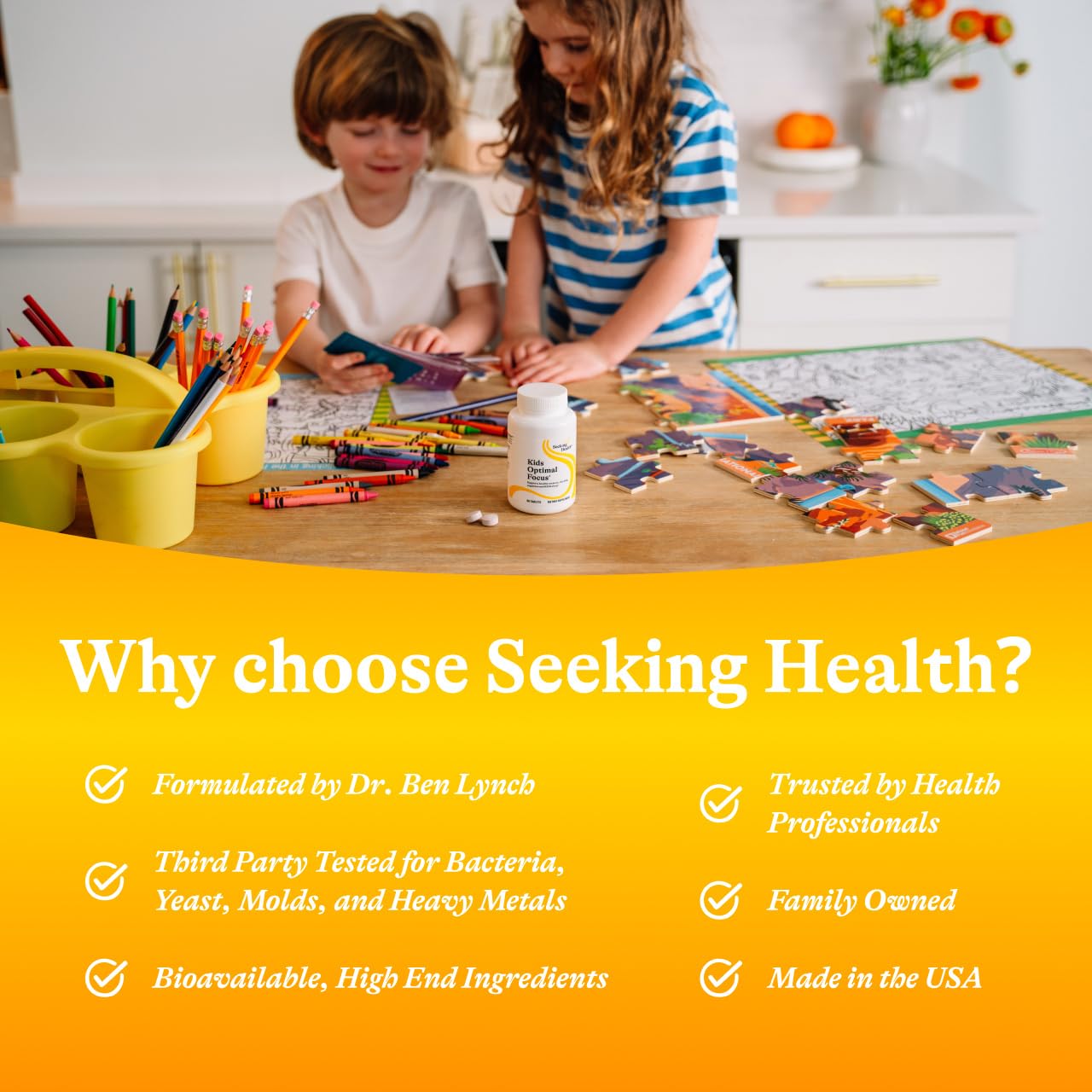 Seeking Health Kids Optimal Focus dosing spoon with tablets suggesting simple routine.