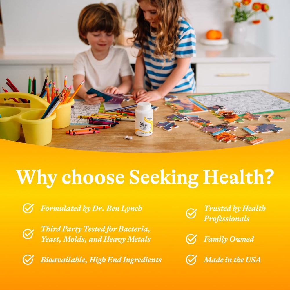 Seeking Health Kids Optimal Focus dosing spoon with tablets suggesting simple routine.