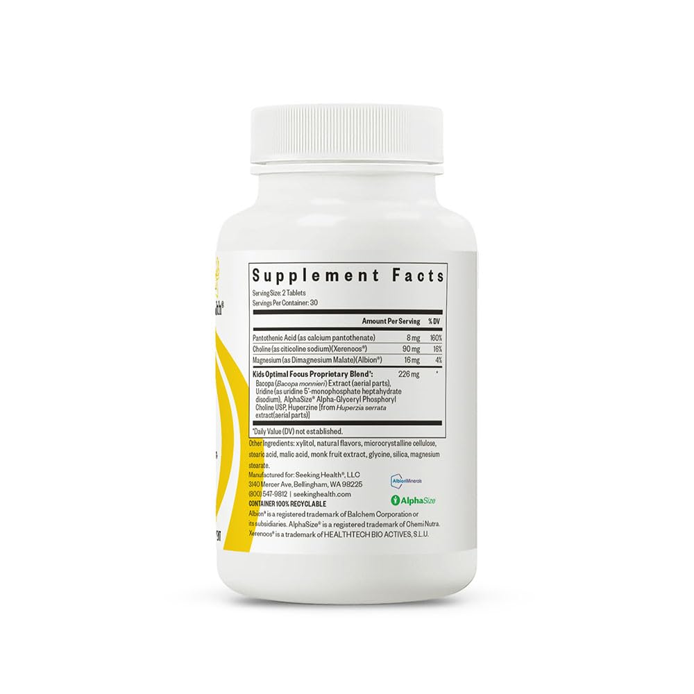 Seeking Health Kids Optimal Focus label shows nutrition facts and dosage guidance for parents.