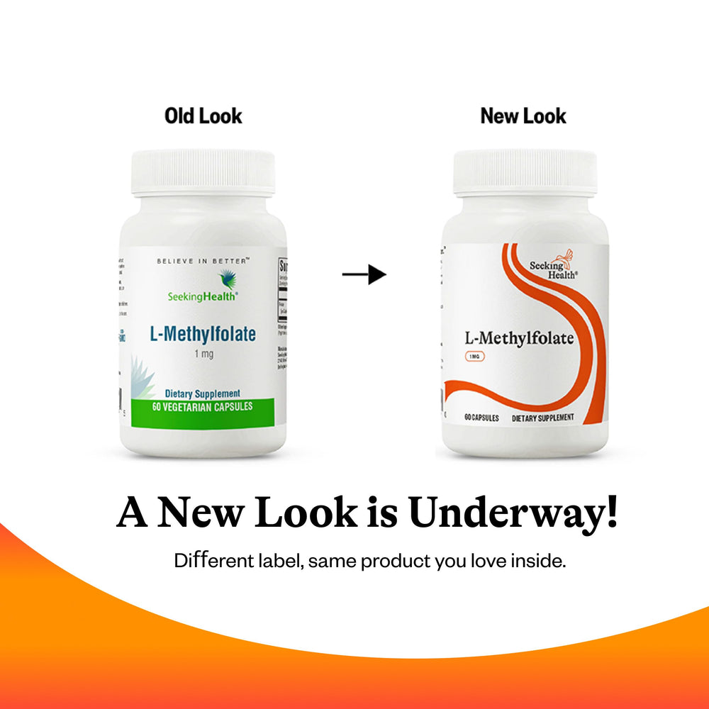 Seeking Health L-Methylfolate 1mg allergen-free sticker signals GMO-free and gluten-free status.