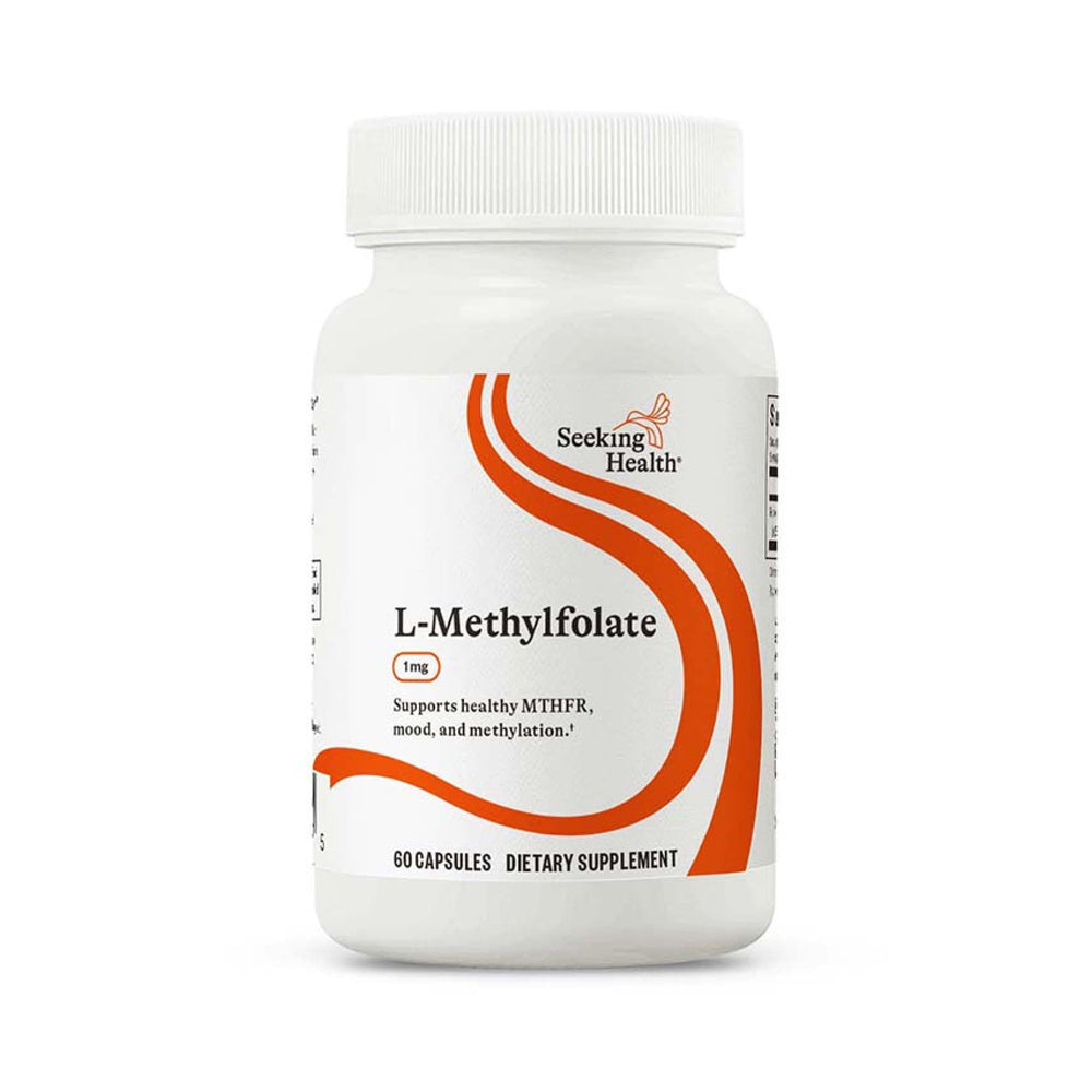 Seeking Health L-Methylfolate 1mg bottle front view highlights potency and bioavailability.