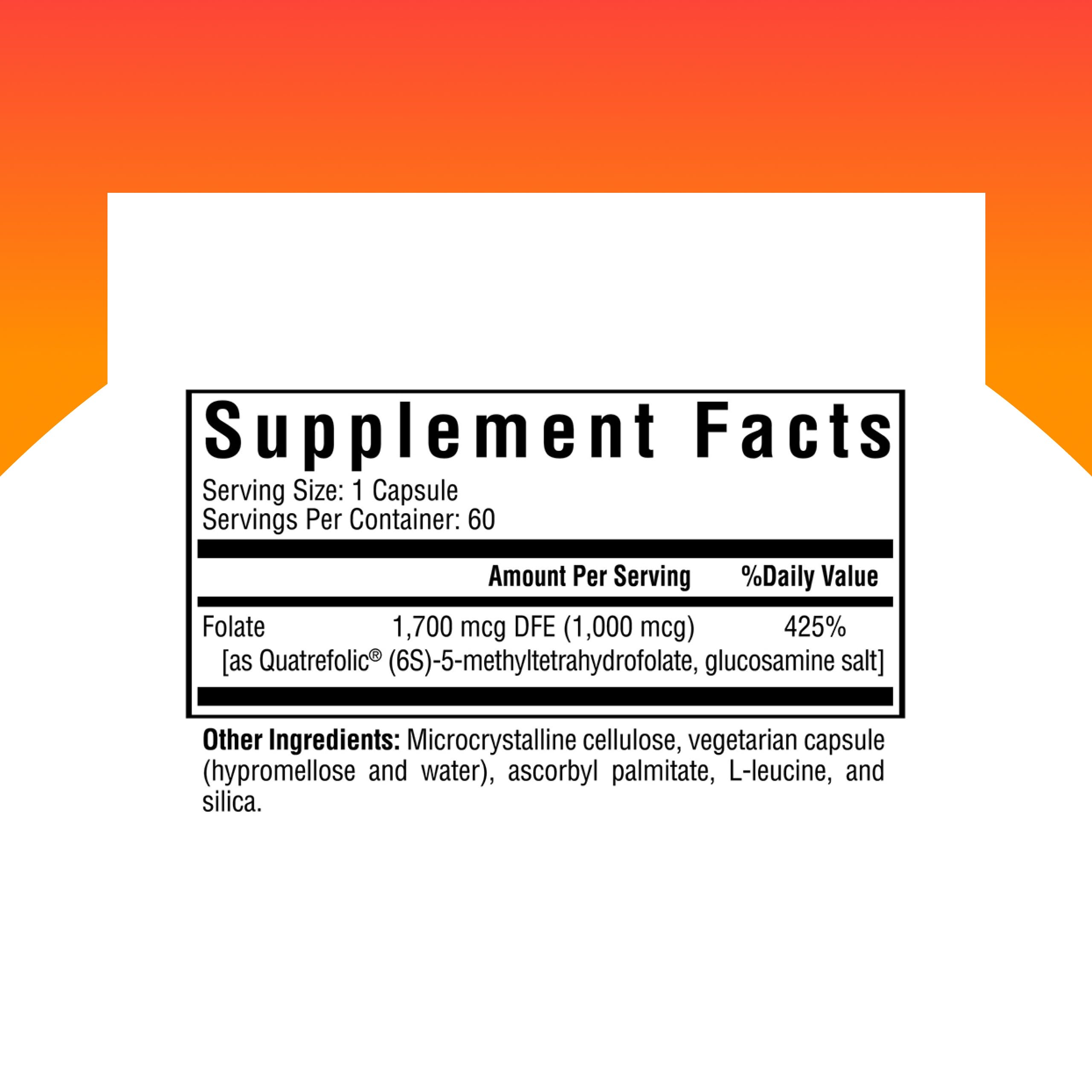 Seeking Health L-Methylfolate 1mg capsules closeup shows precise daily dosing.