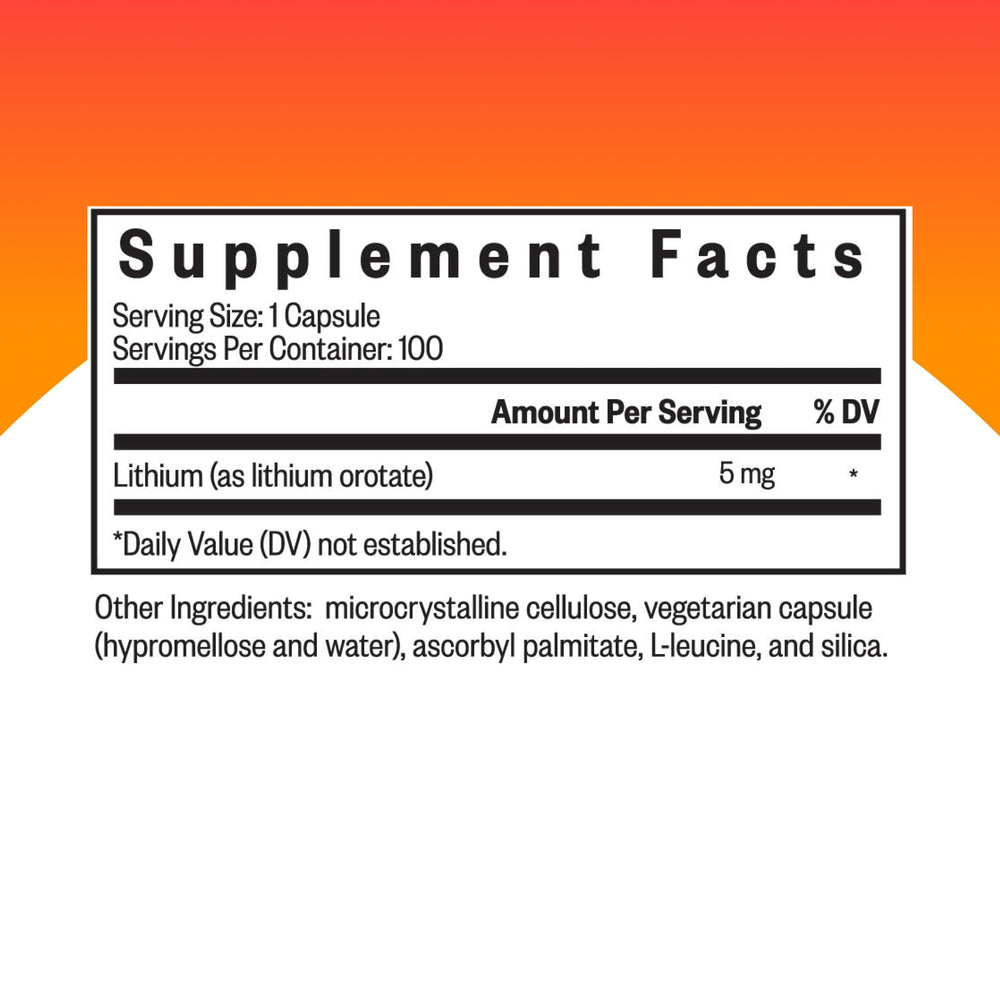 Seeking Health Lithium Orotate capsules on white background for memory focus