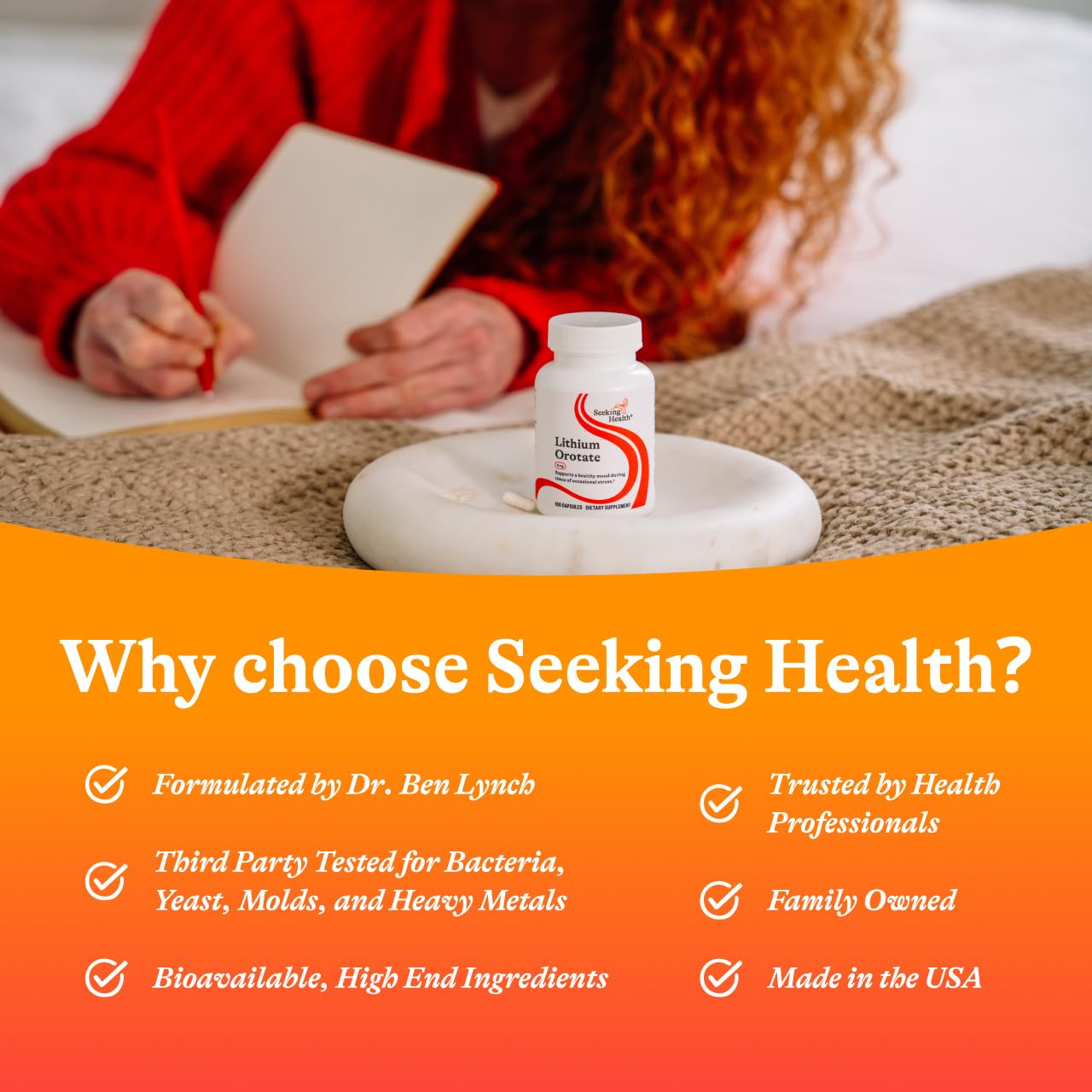 Seeking Health Lithium Orotate bottle on a clean desk for morning routine