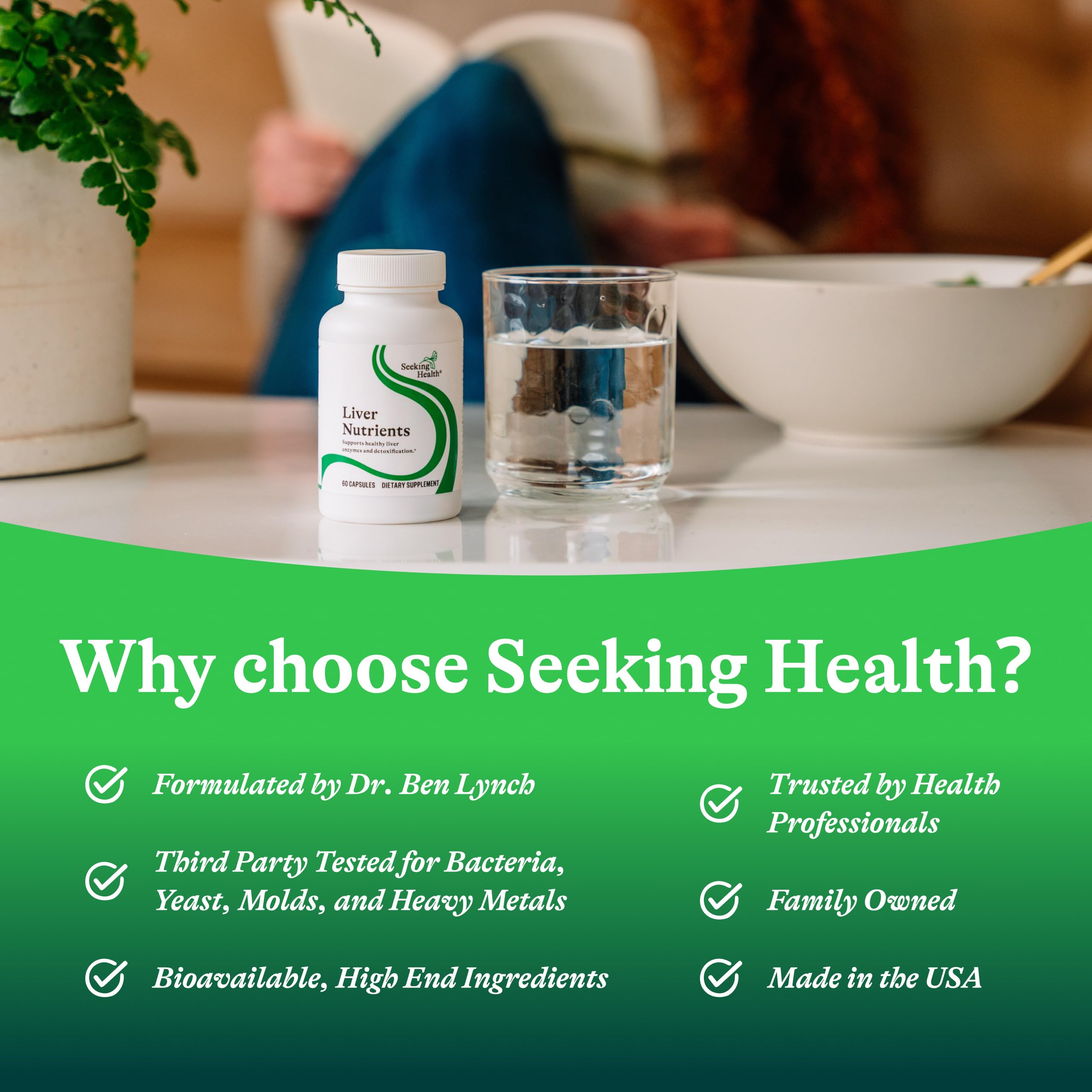 Seeking Health Liver Nutrients bottle beside dosage guide for convenient daily use
