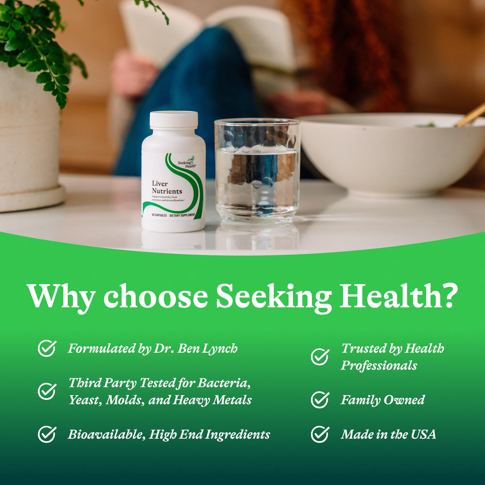 Seeking Health Liver Nutrients bottle beside dosage guide for convenient daily use