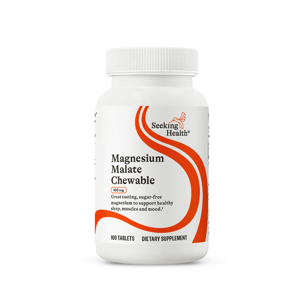Seeking Health magnesium malate chewable tablet in a bottle for easy daily use.