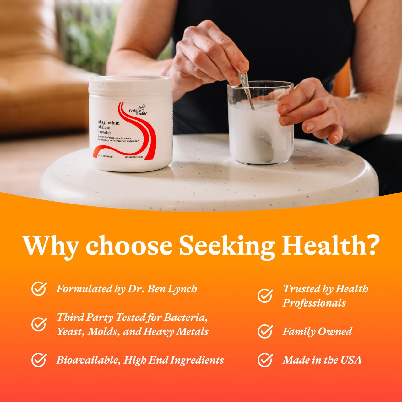 Seeking Health magnesium malate powder on shelf, signaling quality.