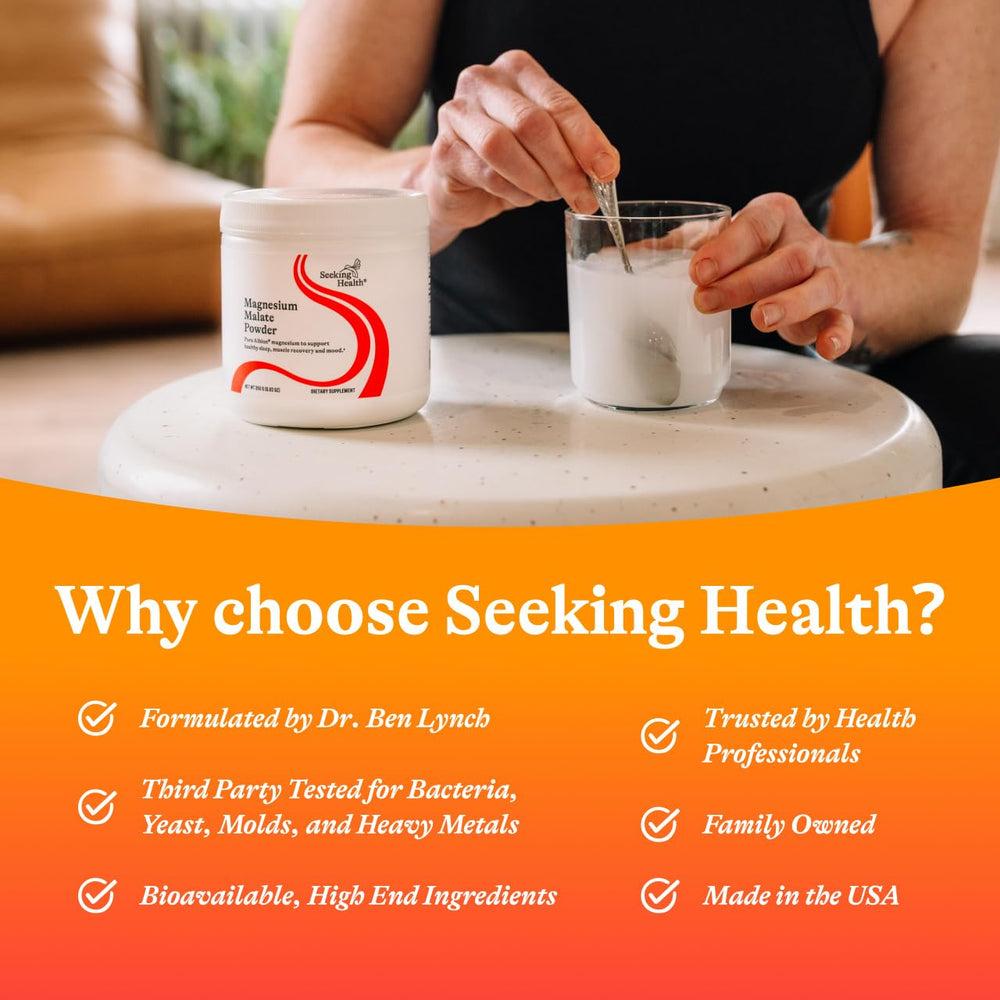 Seeking Health magnesium malate powder on shelf, signaling quality.