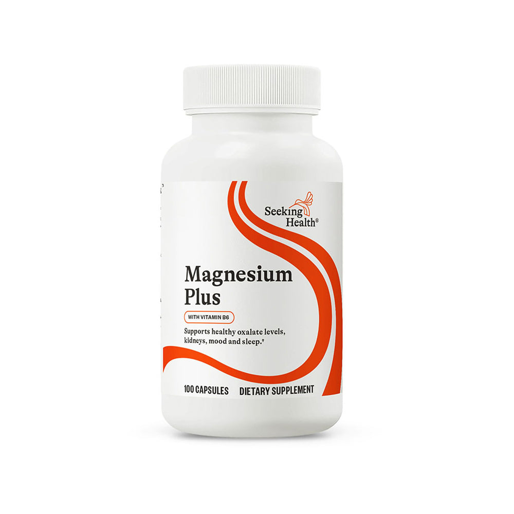 Seeking Health Magnesium Plus bottle front shows magnesium with B6 for improved absorption and daily calm.