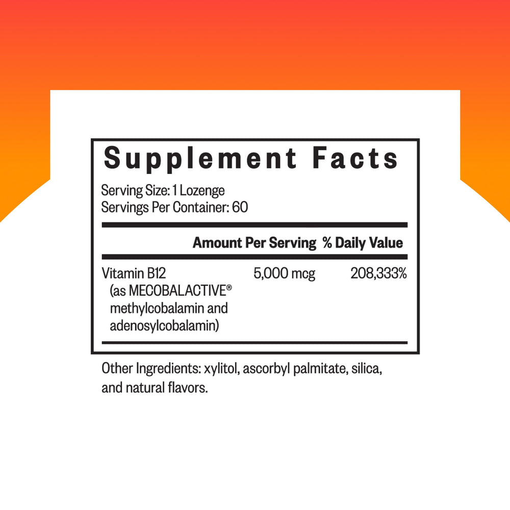 Seeking Health Methyl B12 lozenges pack close-up, highlighting convenient daily use.