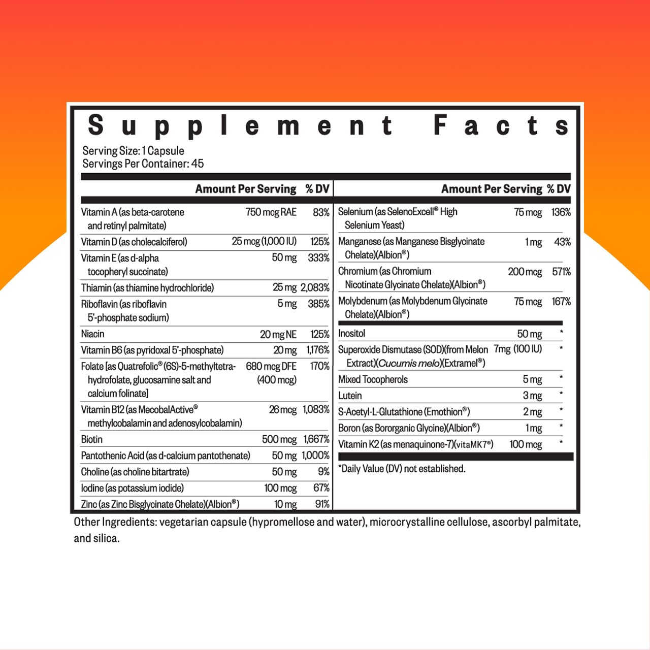 Seeking Health Multivitamin One label close-up highlighting zinc and B12 forms
