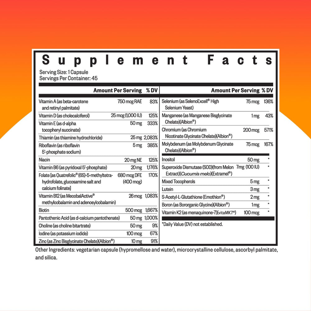 Seeking Health Multivitamin One label close-up highlighting zinc and B12 forms