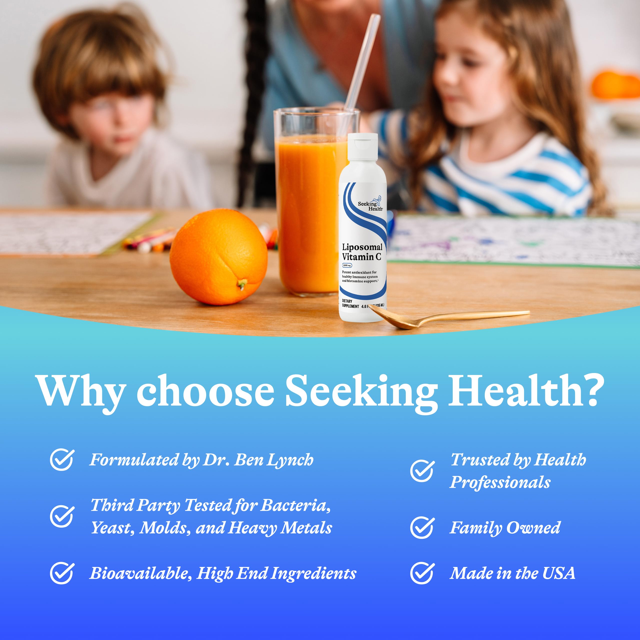 Seeking Health Liposomal Vitamin C Lemon Zest packaging highlights allergen-free formula.