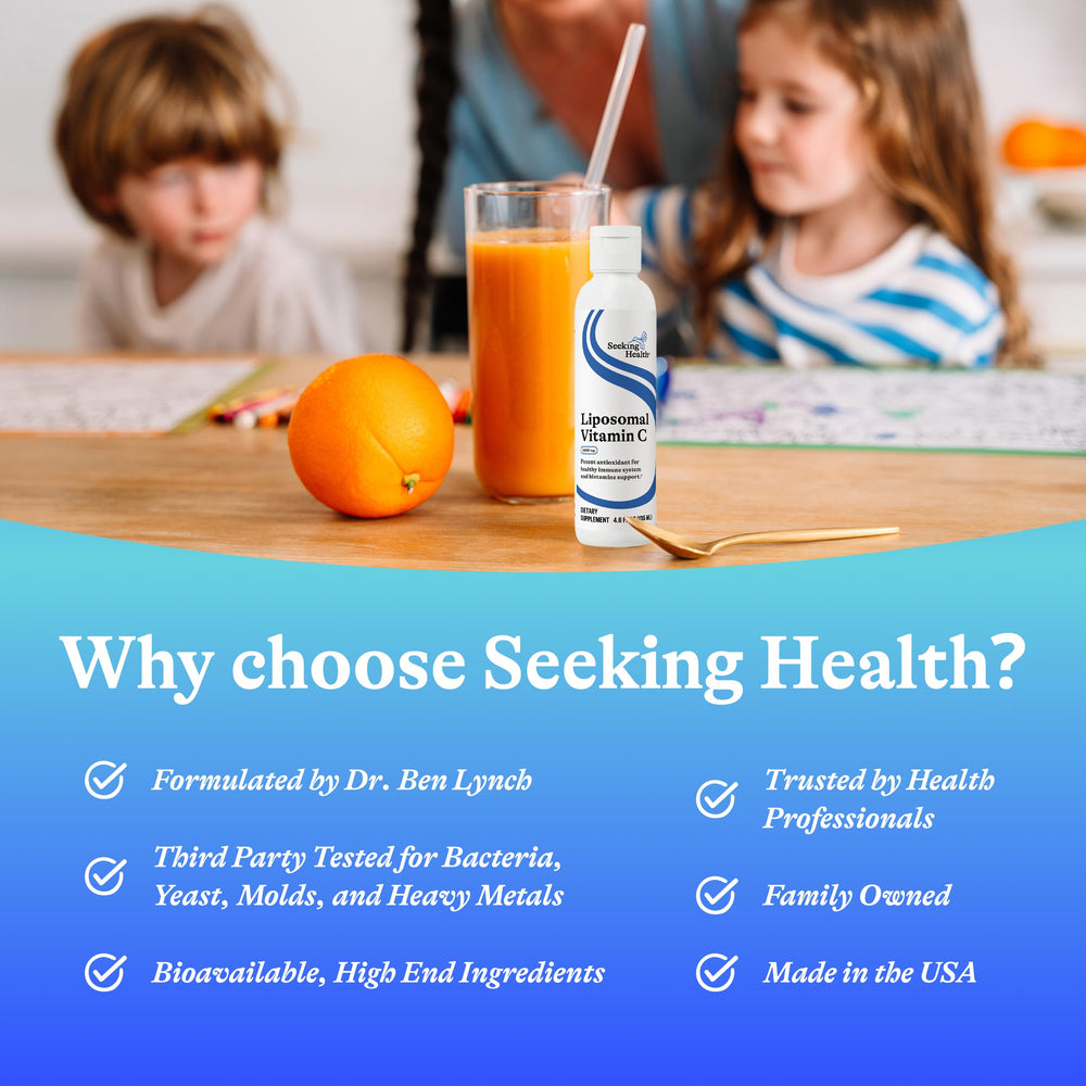 Seeking Health Liposomal Vitamin C Lemon Zest packaging highlights allergen-free formula.