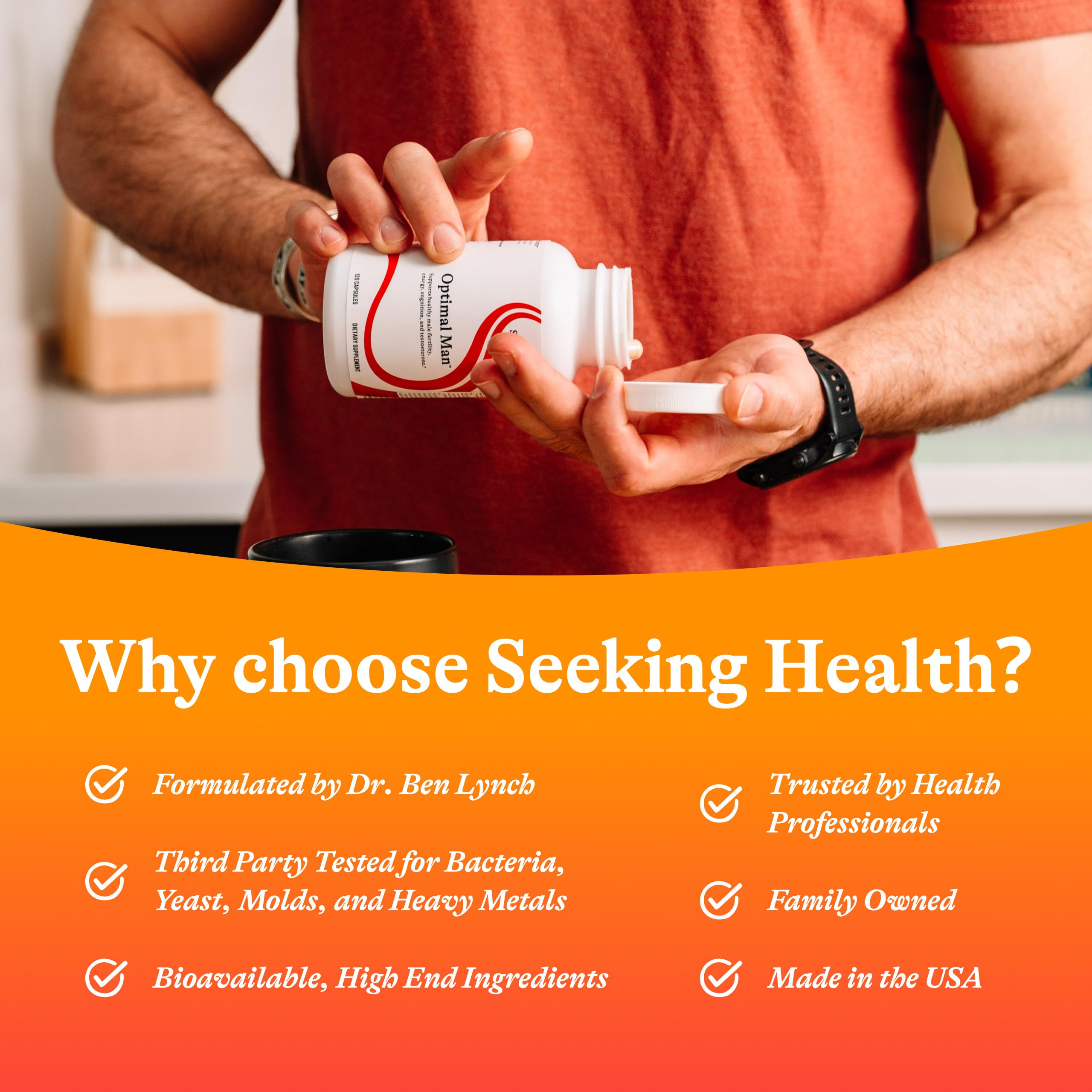 Seeking Health Optimal Man allergen-free claims reassure sensitivity-friendly daily nutrition.